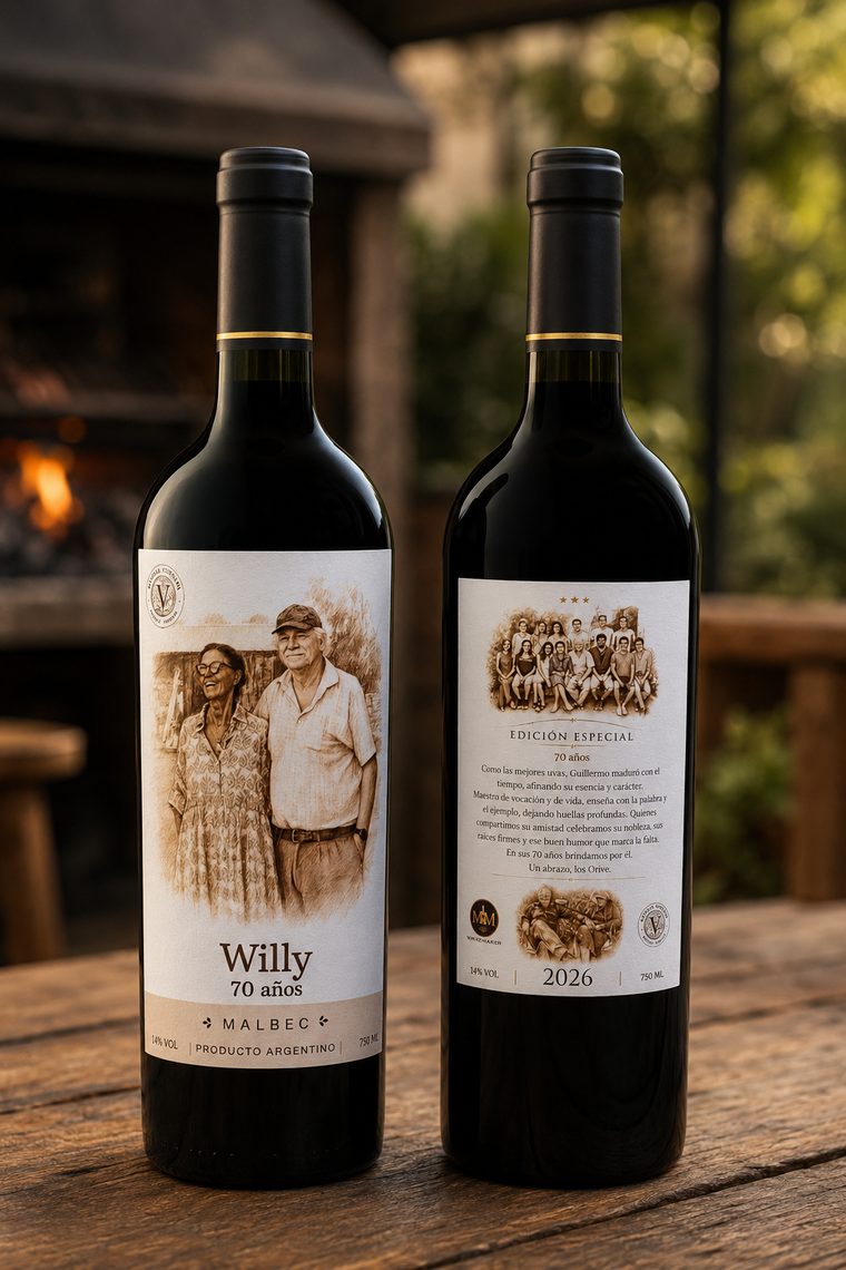 Botellas de vino personalizado Willy, frente y dorso